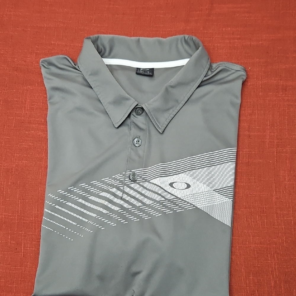 3/$35 Oakley Gray Polo Shirt with Striped Design - Picture 4 of 5